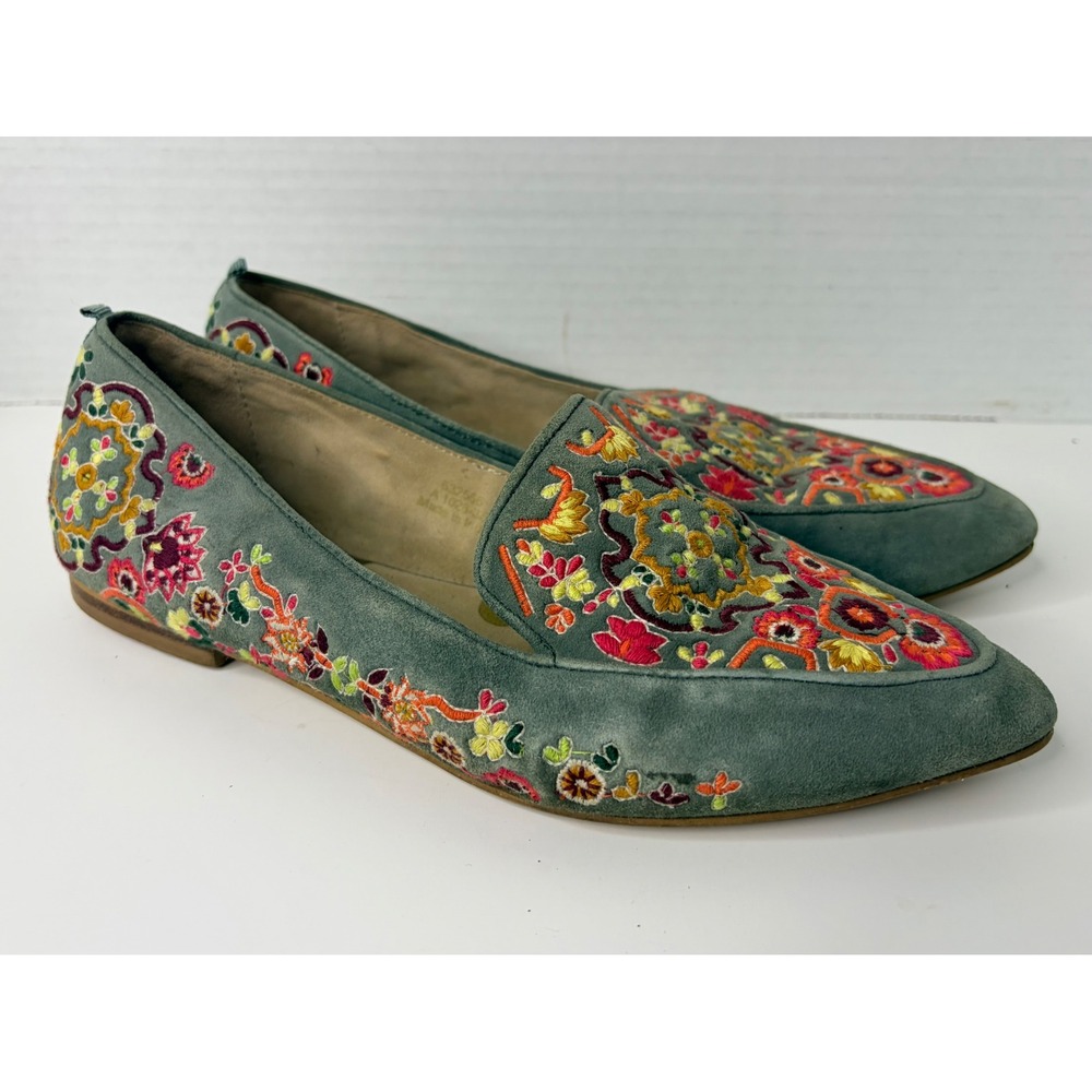 Boden Womens Embroidered Suede Loafers Teal Floral Pointed Toe Flats 36 632556 6
